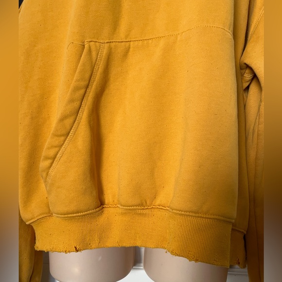 LF Mustard Yellow Distressed Cold Shoulder Shoulderless Hooded Sweatshirt Small - Picture 10 of 16